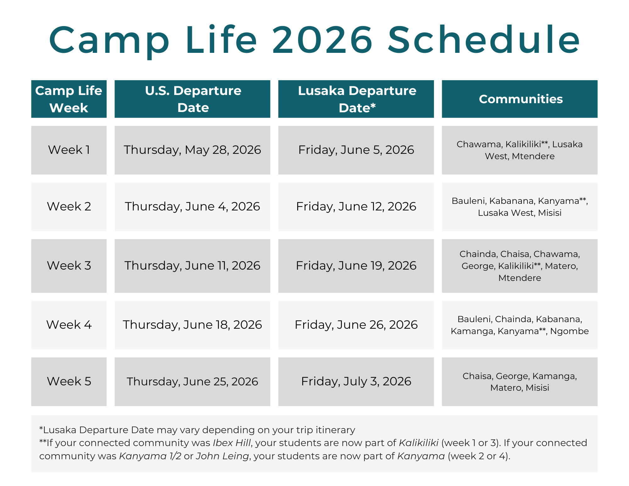 Camp Life 2026 Schedule